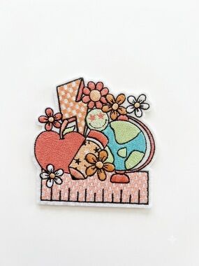 Floral Apple & Globe Embroidered Patch - Teacher Pink Green Iron On